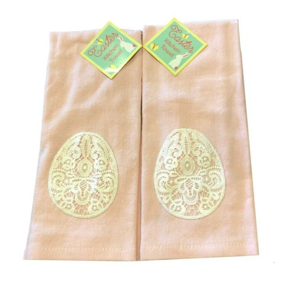 Easter Egg Lace Spring Kitchen Dish Towels Pink 100% Cotton Holiday Set of 2